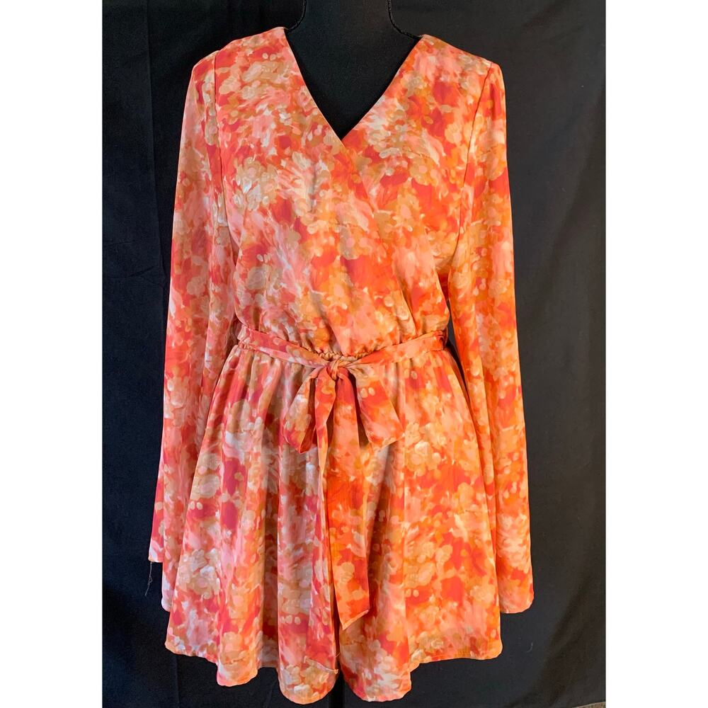 Pink Lily Floral Romper Dress Bell Sleeve Tie Waist Flowy Size M